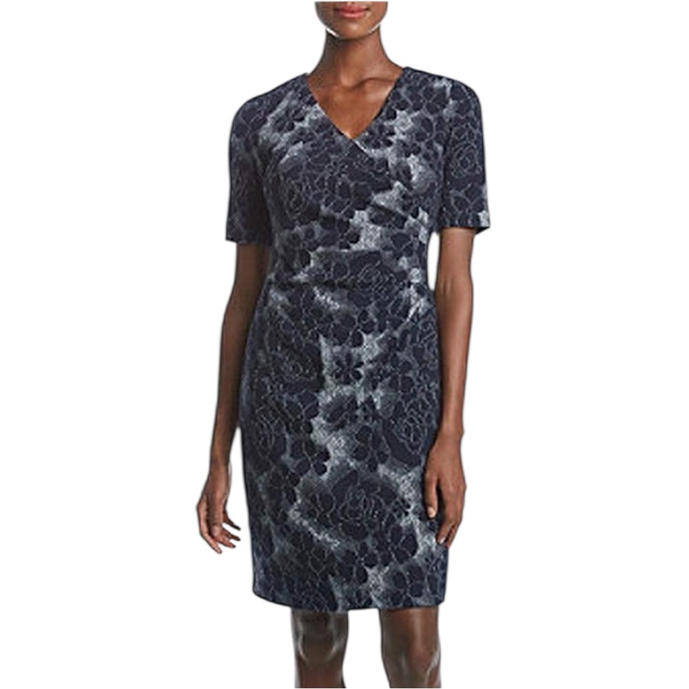NWT! Adrianna Papell Navy Floral Lace Shift Dress Size 14 V-Neck Short Sleeve 🌸✨